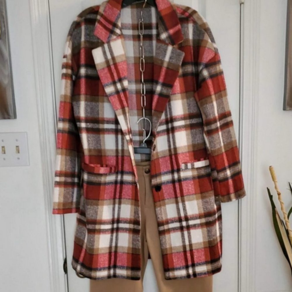 Double Pocket Lapel Neck Plaid print Casual Overcoat Jacket red - Picture 5 of 6
